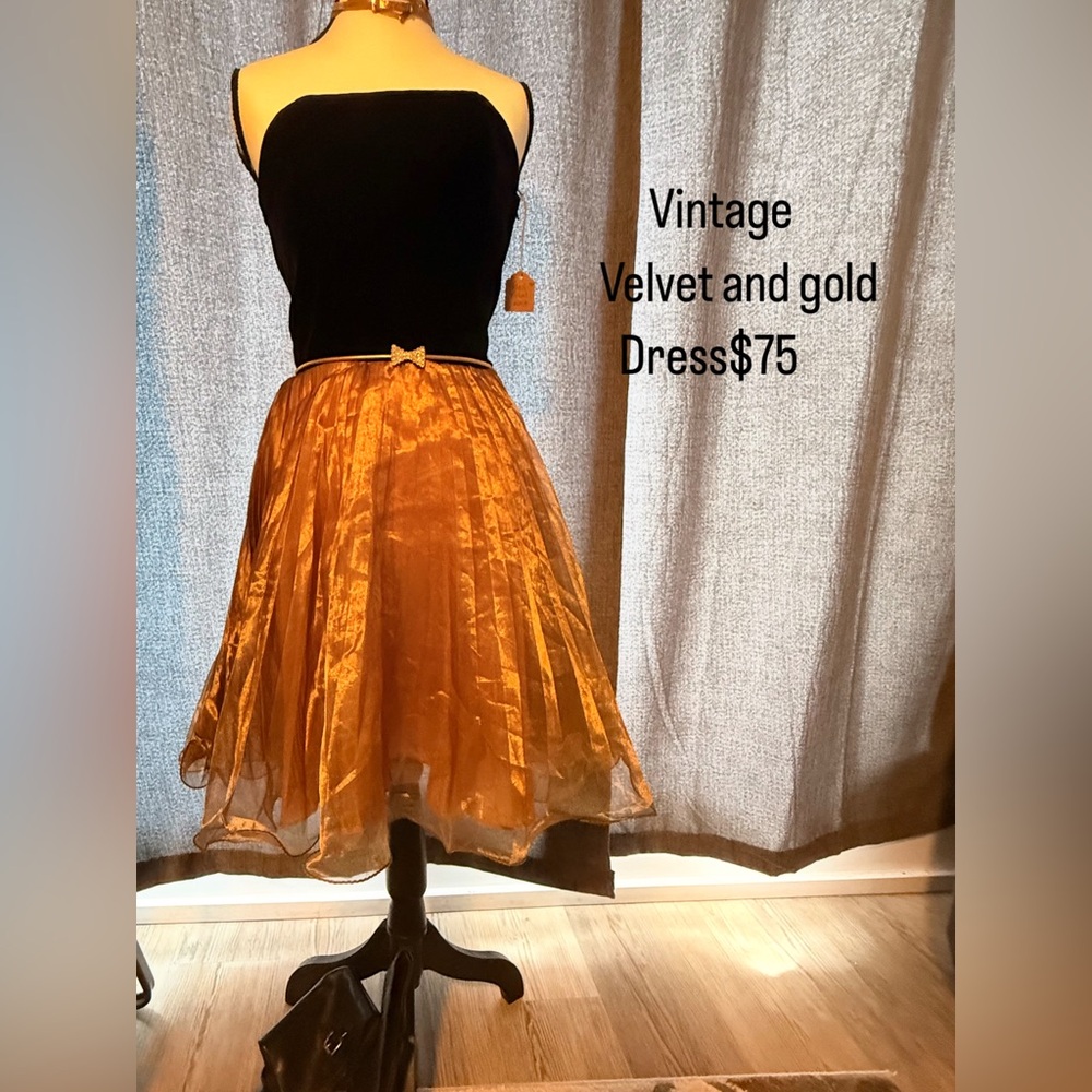 Vintage Strapless Black and Gold Dress